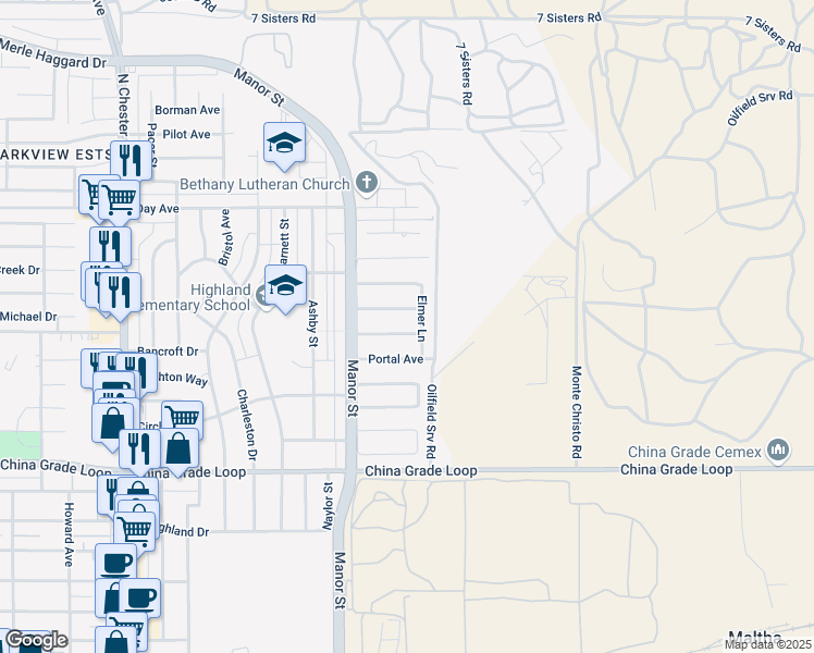map of restaurants, bars, coffee shops, grocery stores, and more near 1012 Sheridan Avenue in Bakersfield