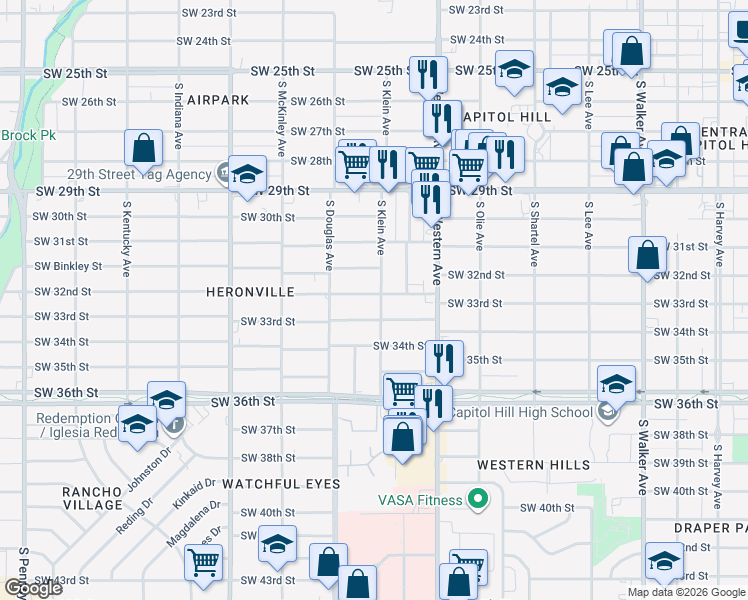 map of restaurants, bars, coffee shops, grocery stores, and more near 1004 Southwest 32nd Street in Oklahoma City