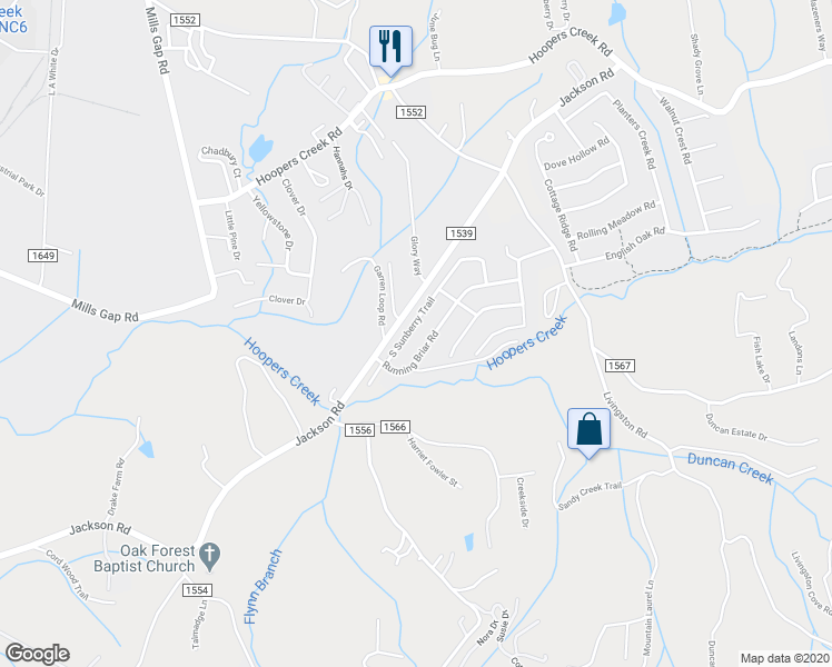 map of restaurants, bars, coffee shops, grocery stores, and more near 125 South Sunberry Trail in Fletcher