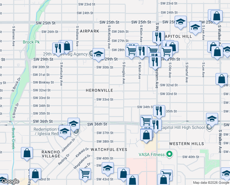 map of restaurants, bars, coffee shops, grocery stores, and more near 1124 Southwest 32nd Street in Oklahoma City