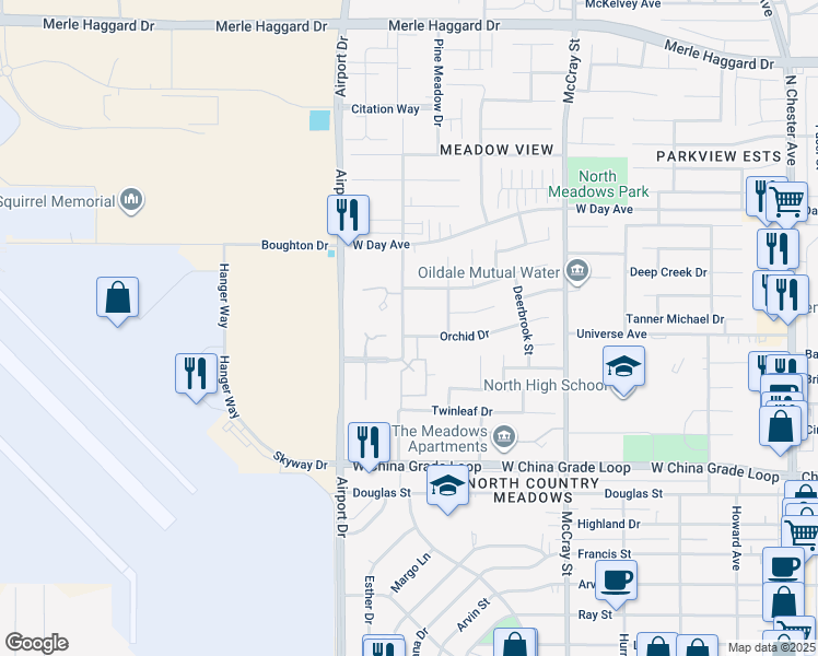 map of restaurants, bars, coffee shops, grocery stores, and more near 722 Orchid Drive in Bakersfield