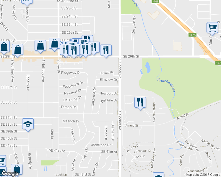 map of restaurants, bars, coffee shops, grocery stores, and more near 4840 Woodview Drive in Del City