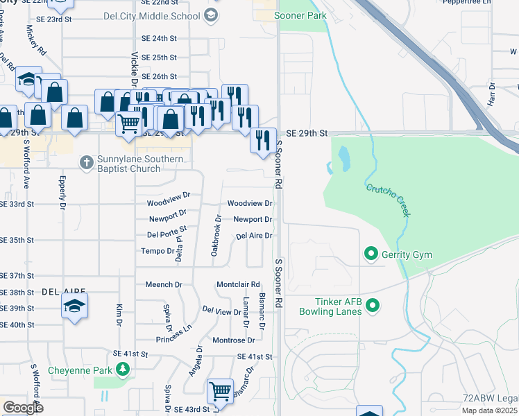map of restaurants, bars, coffee shops, grocery stores, and more near 4840 Woodview Drive in Del City