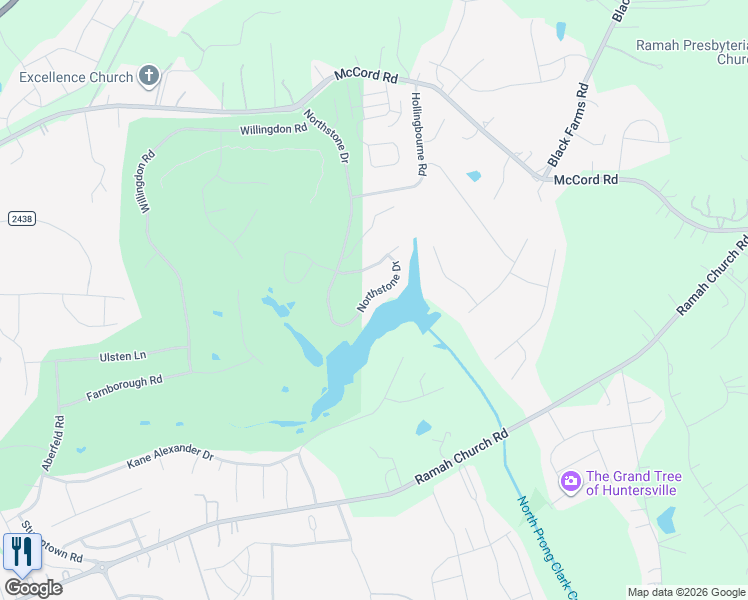 map of restaurants, bars, coffee shops, grocery stores, and more near 15519 Northstone Drive in Huntersville