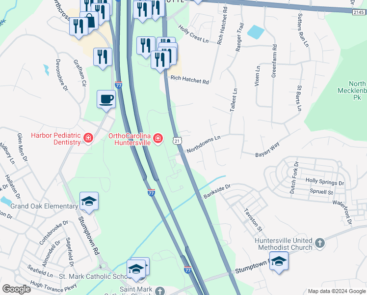 map of restaurants, bars, coffee shops, grocery stores, and more near 9503 Northdowns Lane in Huntersville