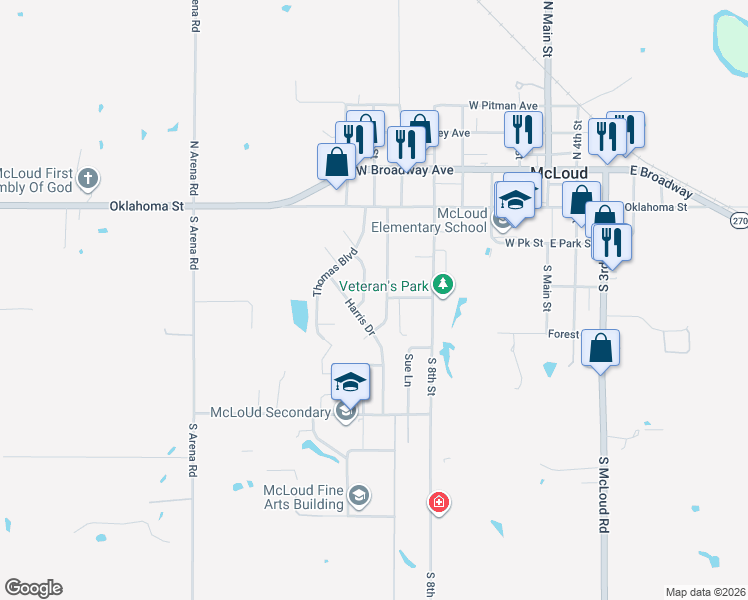 map of restaurants, bars, coffee shops, grocery stores, and more near 422 Jarman Drive in McLoud