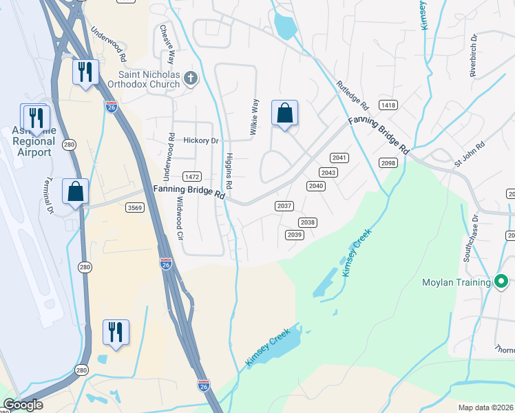 map of restaurants, bars, coffee shops, grocery stores, and more near 915 Fanning Bridge Road in Fletcher
