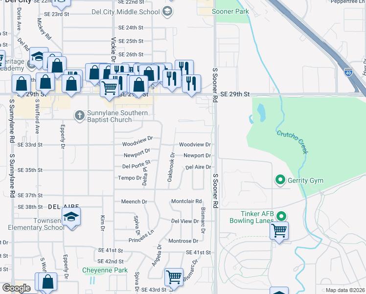 map of restaurants, bars, coffee shops, grocery stores, and more near 4812 Woodview Drive in Del City