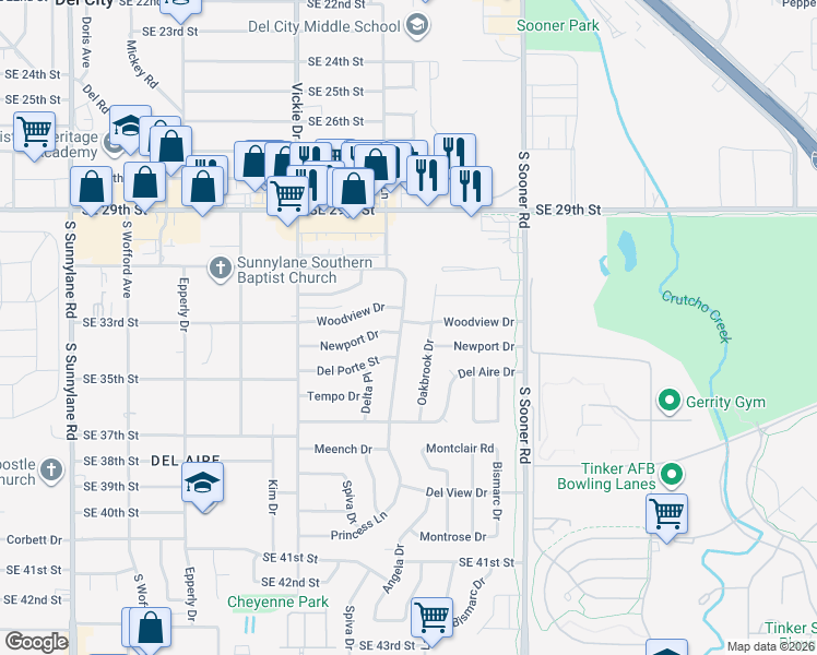 map of restaurants, bars, coffee shops, grocery stores, and more near 4770 Woodview Drive in Del City