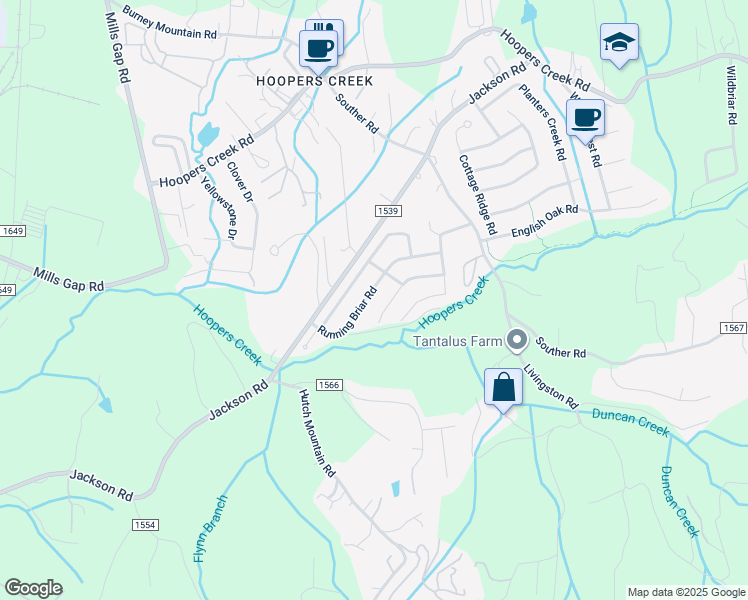 map of restaurants, bars, coffee shops, grocery stores, and more near 202 Running Briar Rd in Fletcher