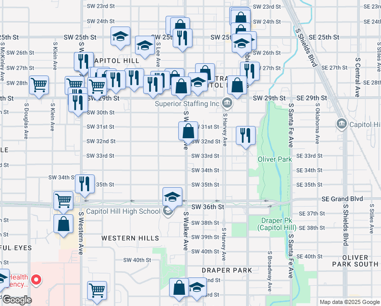 map of restaurants, bars, coffee shops, grocery stores, and more near 423 Southwest 33rd Street in Oklahoma City