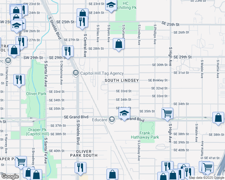 map of restaurants, bars, coffee shops, grocery stores, and more near 515 Southeast 33rd Street in Oklahoma City
