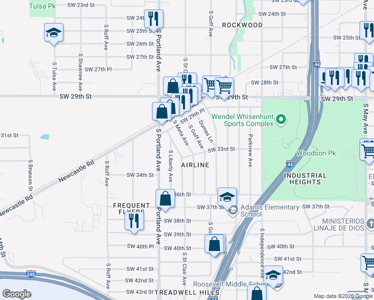 map of restaurants, bars, coffee shops, grocery stores, and more near 3317 South Meta Avenue in Oklahoma City