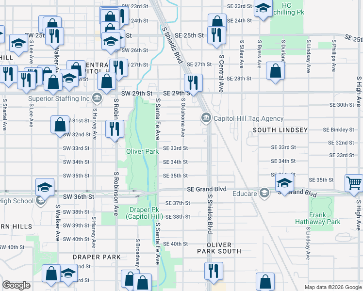 map of restaurants, bars, coffee shops, grocery stores, and more near 45 Southeast 33rd Street in Oklahoma City