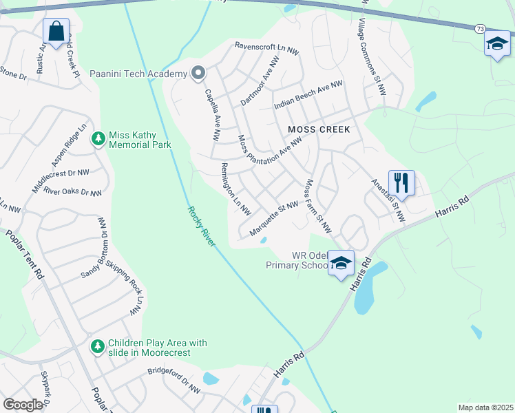 map of restaurants, bars, coffee shops, grocery stores, and more near 9632 Evanston Street Northwest in Concord
