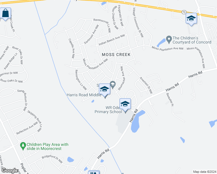 map of restaurants, bars, coffee shops, grocery stores, and more near 9579 Marquette Street Northwest in Concord