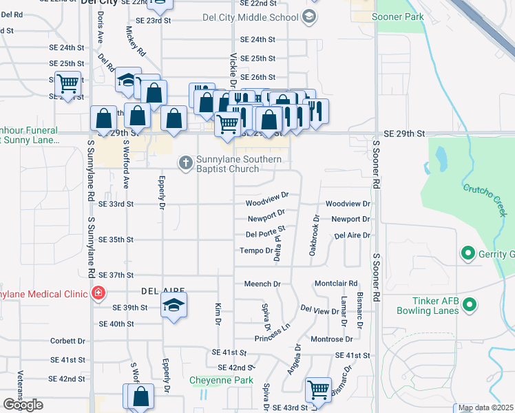 map of restaurants, bars, coffee shops, grocery stores, and more near 4724 Woodview Drive in Del City