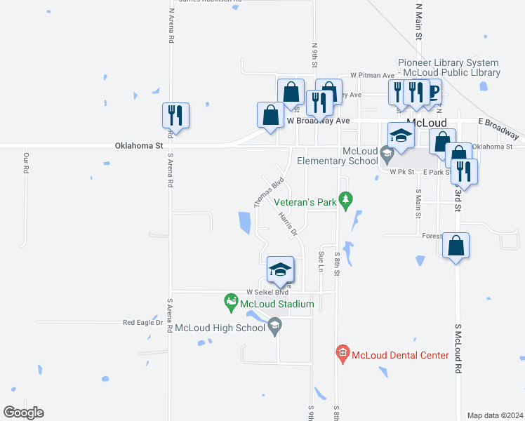 map of restaurants, bars, coffee shops, grocery stores, and more near 306 Thomas Boulevard in McLoud