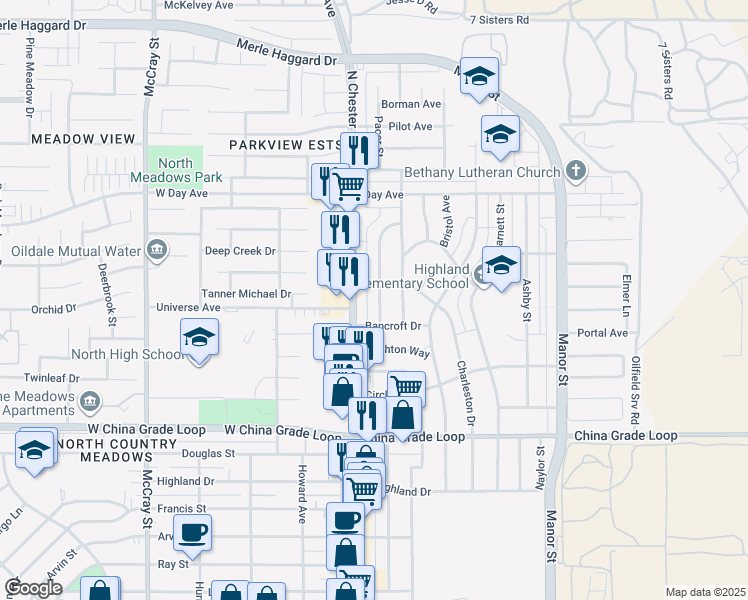 map of restaurants, bars, coffee shops, grocery stores, and more near 2801 Peerless Avenue in Bakersfield