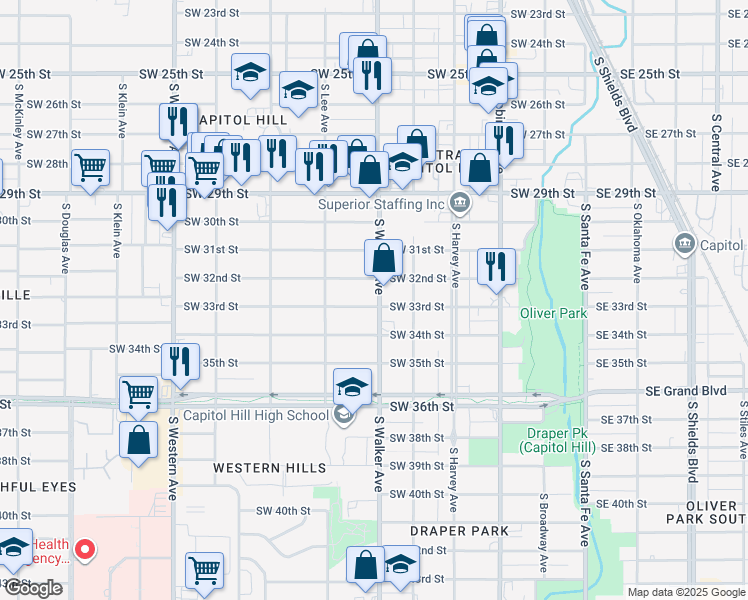 map of restaurants, bars, coffee shops, grocery stores, and more near 423 Southwest 33rd Street in Oklahoma City