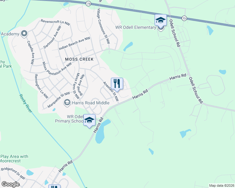 map of restaurants, bars, coffee shops, grocery stores, and more near 1290 Gambel Drive Northwest in Concord