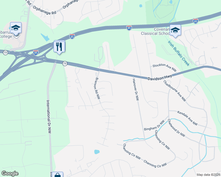 map of restaurants, bars, coffee shops, grocery stores, and more near 4112 Deerfield Drive Northwest in Concord
