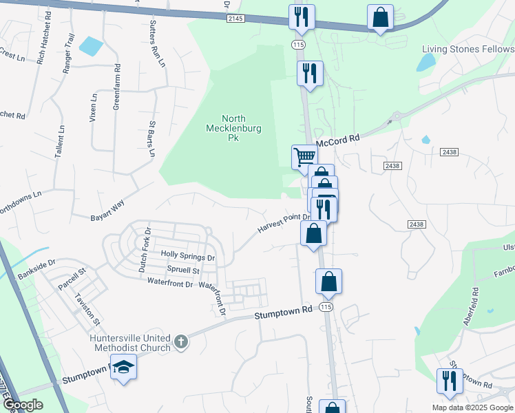 map of restaurants, bars, coffee shops, grocery stores, and more near 16120 Amber Field Drive in Huntersville