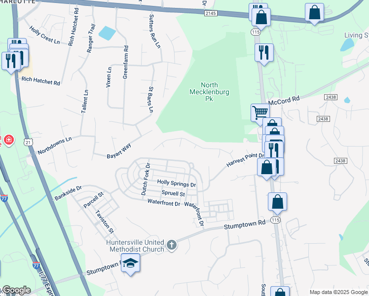 map of restaurants, bars, coffee shops, grocery stores, and more near 13513 Silver King Court in Huntersville