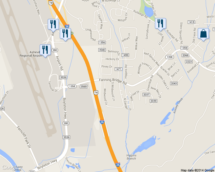 map of restaurants, bars, coffee shops, grocery stores, and more near 62 Wildwood Circle in Fletcher