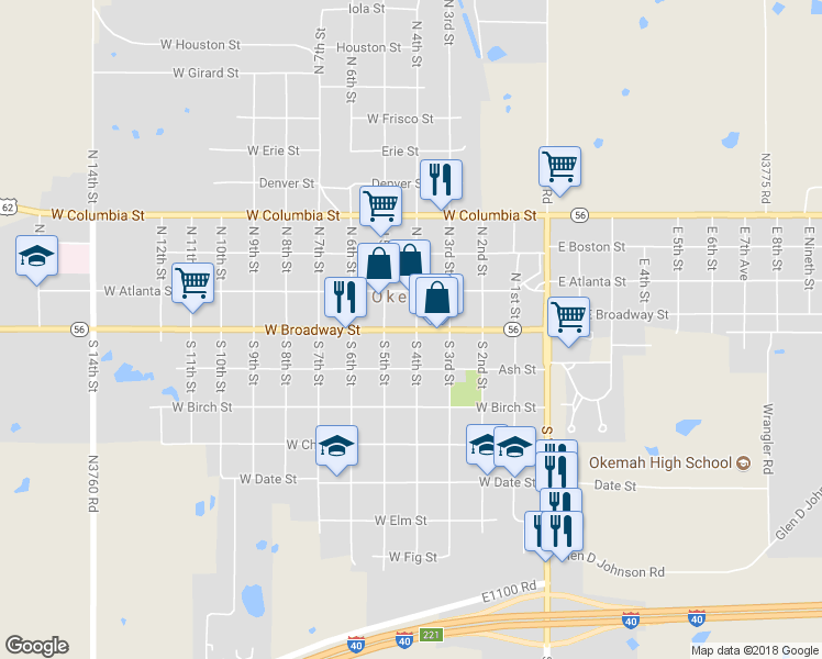 map of restaurants, bars, coffee shops, grocery stores, and more near Oklahoma 56 in Okemah