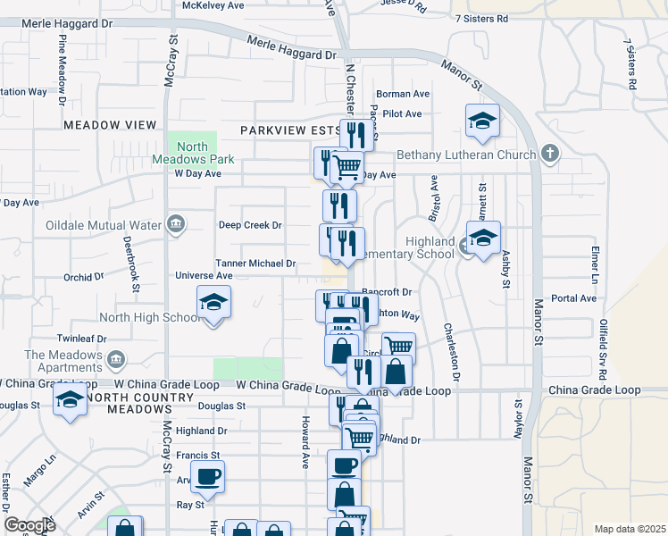 map of restaurants, bars, coffee shops, grocery stores, and more near 2809 North Chester Avenue in Bakersfield