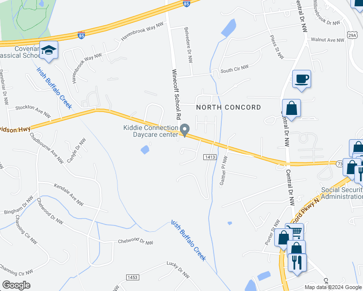 map of restaurants, bars, coffee shops, grocery stores, and more near 372 Canter Court Northwest in Concord