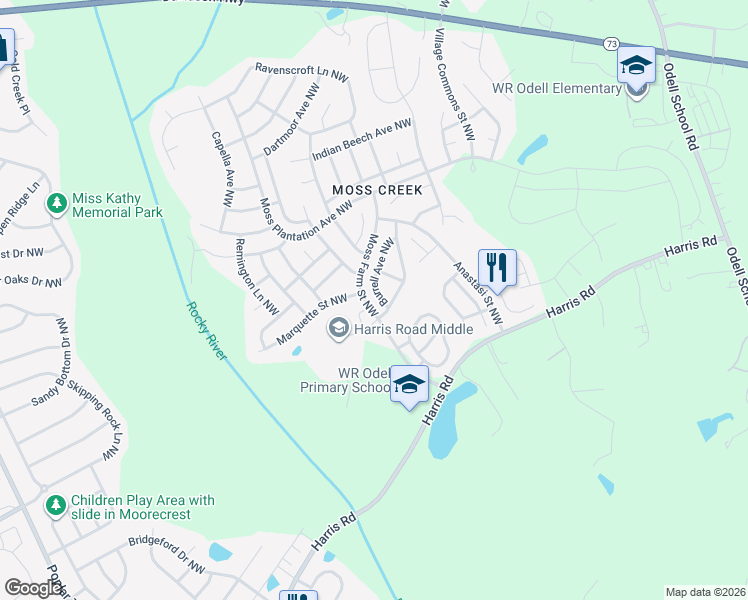 map of restaurants, bars, coffee shops, grocery stores, and more near 9571 Marquette Street Northwest in Concord
