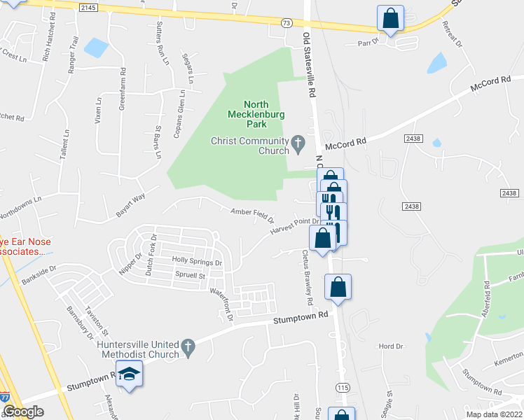 map of restaurants, bars, coffee shops, grocery stores, and more near 16126 Amber Field Drive in Huntersville