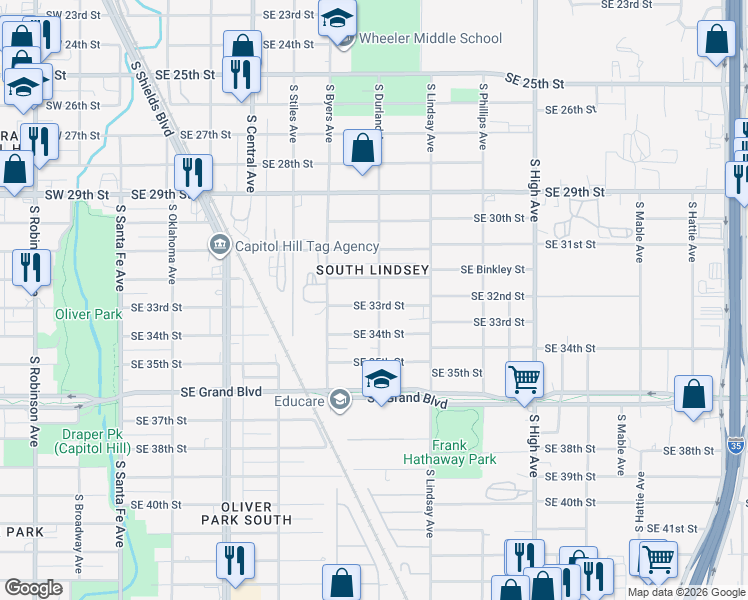 map of restaurants, bars, coffee shops, grocery stores, and more near 545 Southeast 33rd Street in Oklahoma City