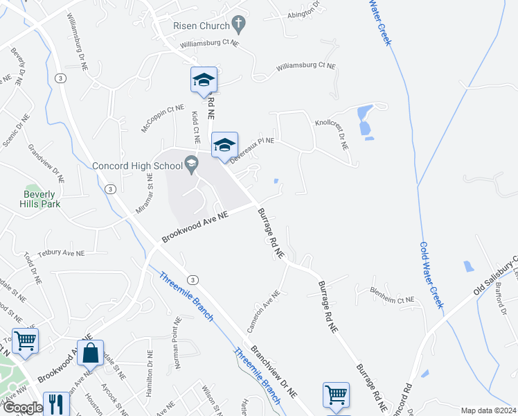 map of restaurants, bars, coffee shops, grocery stores, and more near Burrage Road Northeast in Concord
