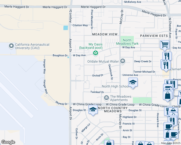 map of restaurants, bars, coffee shops, grocery stores, and more near 710 Orchid Drive in Bakersfield
