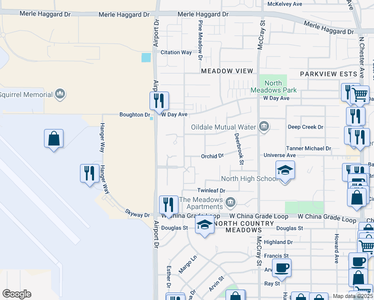 map of restaurants, bars, coffee shops, grocery stores, and more near 722 Orchid Drive in Bakersfield