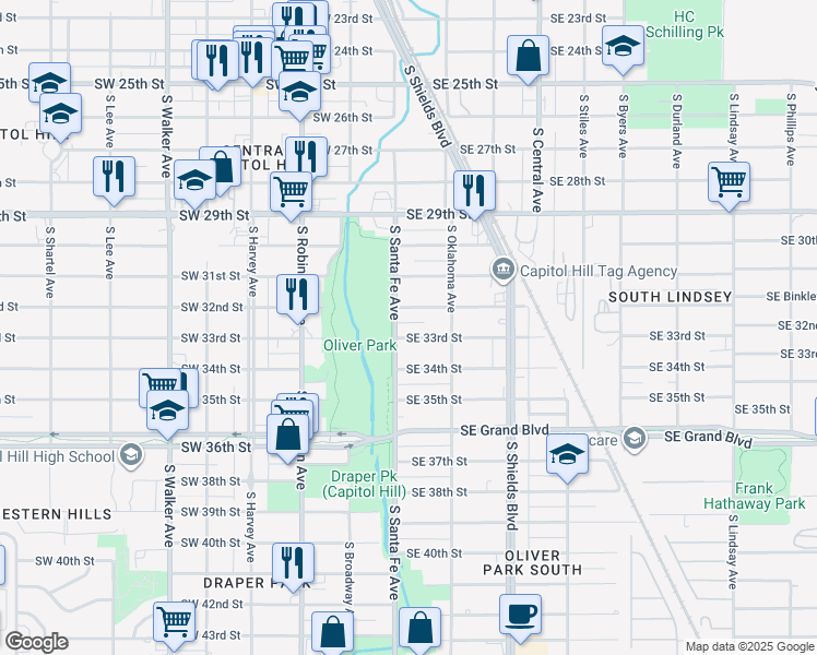 map of restaurants, bars, coffee shops, grocery stores, and more near 9 Southeast 33rd Street in Oklahoma City