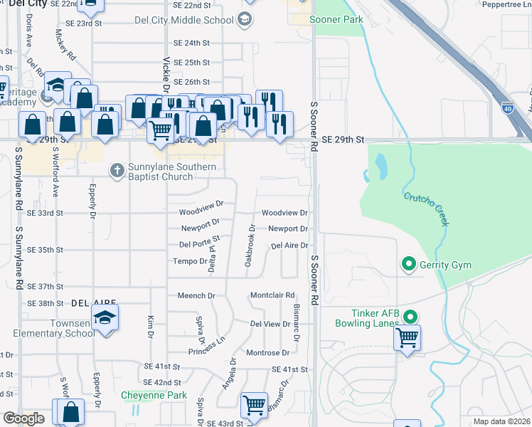 map of restaurants, bars, coffee shops, grocery stores, and more near 4812 Woodview Drive in Del City