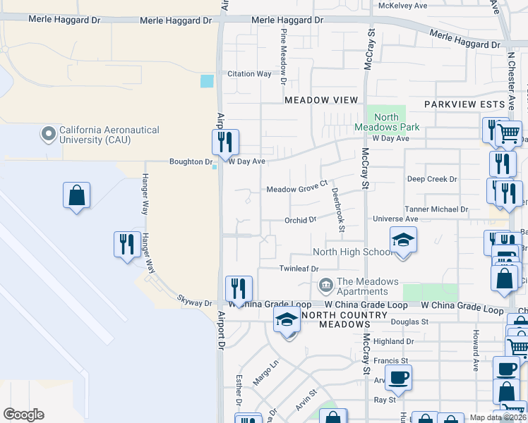 map of restaurants, bars, coffee shops, grocery stores, and more near 722 Orchid Drive in Bakersfield