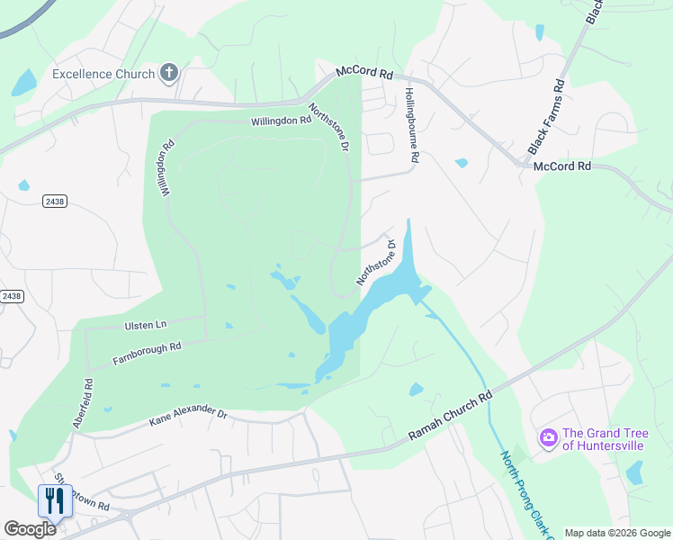 map of restaurants, bars, coffee shops, grocery stores, and more near 15716 Northstone Drive in Huntersville