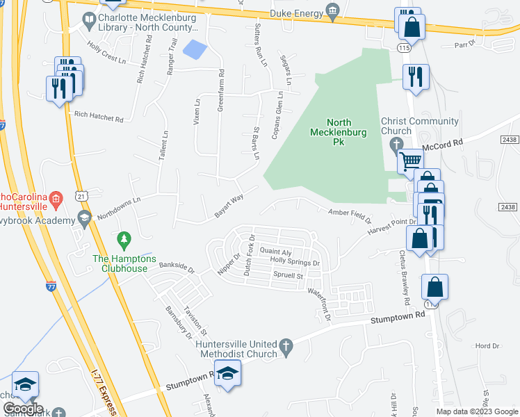 map of restaurants, bars, coffee shops, grocery stores, and more near 16518 Amber Field Drive in Huntersville