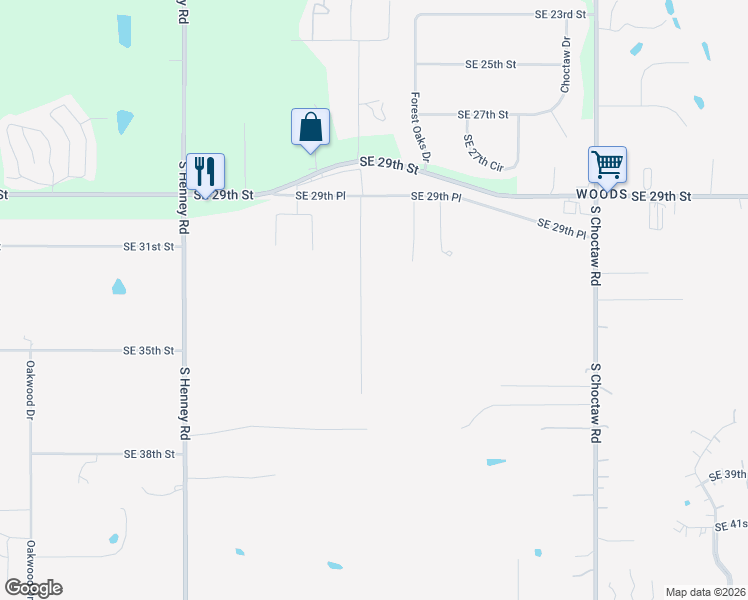 map of restaurants, bars, coffee shops, grocery stores, and more near 3308 Oakbriar Drive in Choctaw