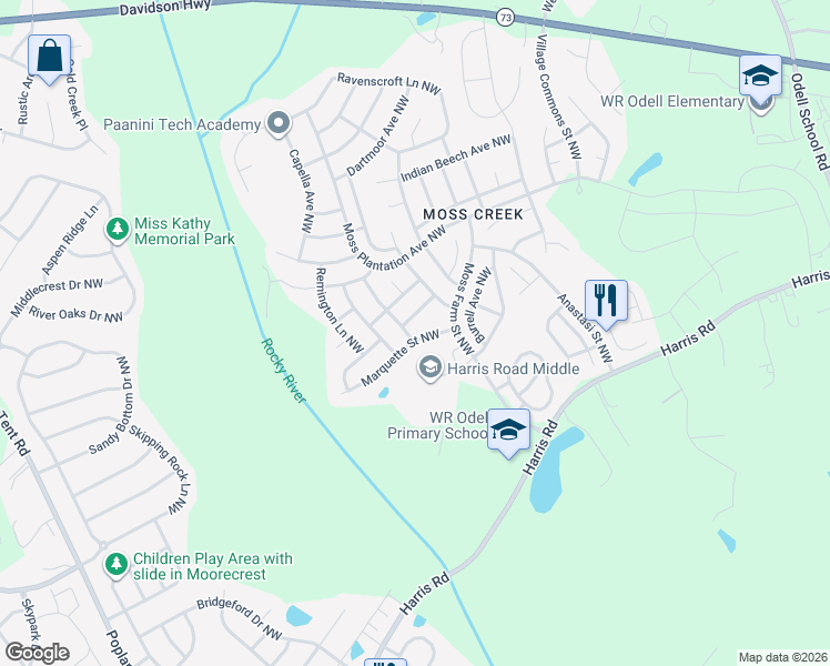 map of restaurants, bars, coffee shops, grocery stores, and more near 1384 Prestbury Road Northwest in Concord