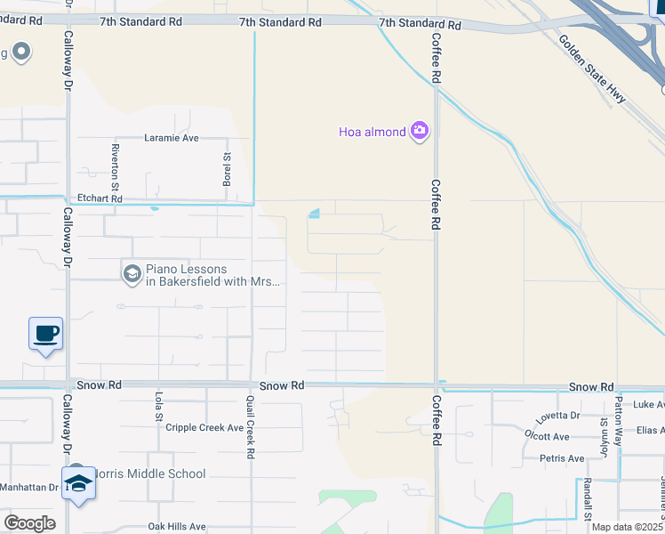 map of restaurants, bars, coffee shops, grocery stores, and more near 8502 Estes Park Street in Bakersfield