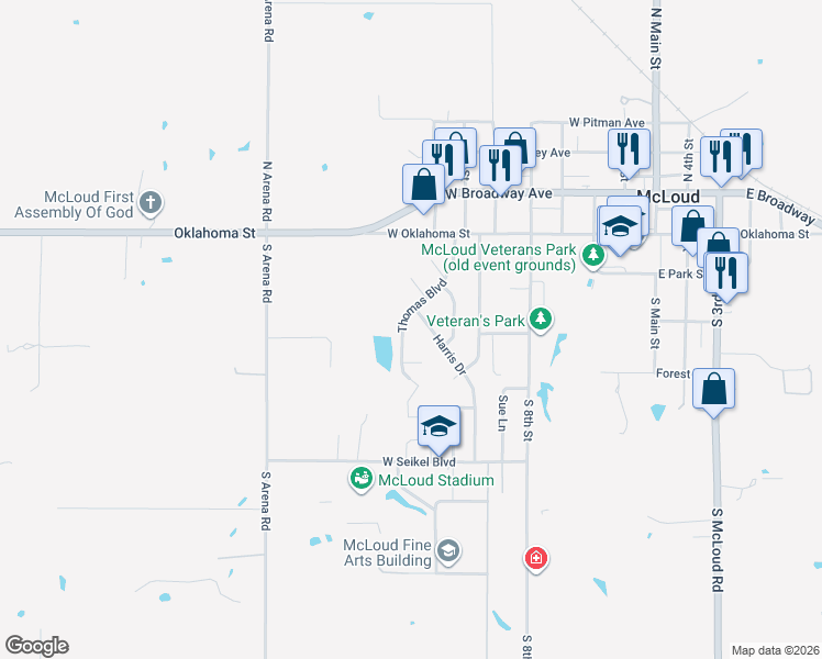 map of restaurants, bars, coffee shops, grocery stores, and more near 304 Thomas Boulevard in McLoud