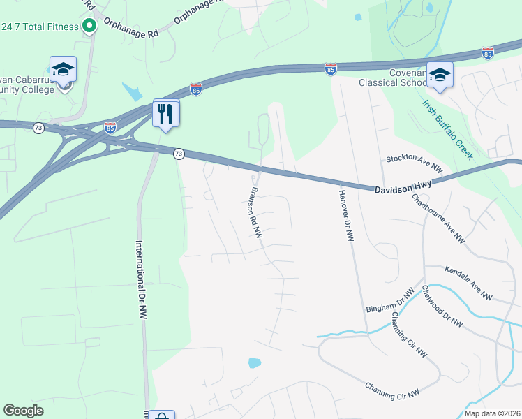 map of restaurants, bars, coffee shops, grocery stores, and more near 4183 Bristol Place Northwest in Concord