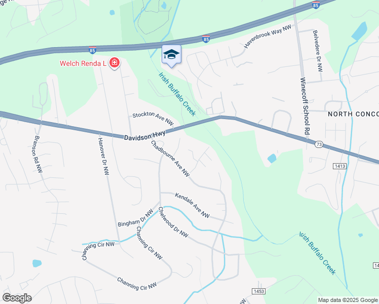 map of restaurants, bars, coffee shops, grocery stores, and more near 1115 Hanford Place Northwest in Concord