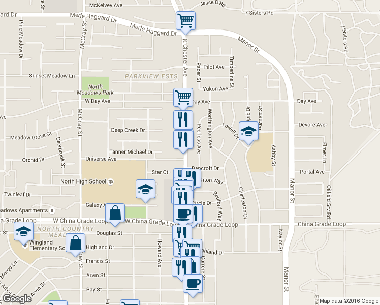 map of restaurants, bars, coffee shops, grocery stores, and more near 2801 Peerless Avenue in Bakersfield